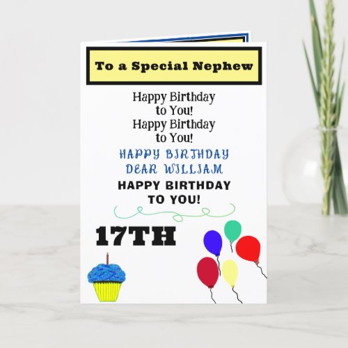 Nephew Birthday Balloons Blue Cupcake NAME  Card