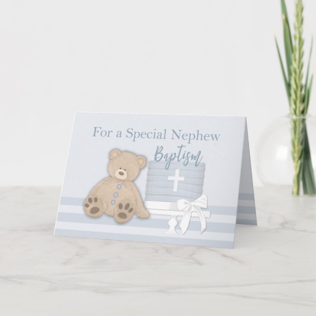 Nephew Blue Baptism Cake Teddy Bear Card (Front)