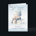 Nephew Blue Christmas Snowman Holiday Card<br><div class="desc">Christmas card with blue little snowman,  silver pine twig and bauble.</div>