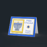 Nephew Chanukah Contemporary Menorah Card<br><div class="desc">Happy Chanukah Dearest Nephew,  contemporary menorah with blue candles,  paper greeting card. Digital illustration with a lit menorah and a Star of David. Art,  image,  and verse copyright © Shoaff Ballanger Studios,  2024.</div>