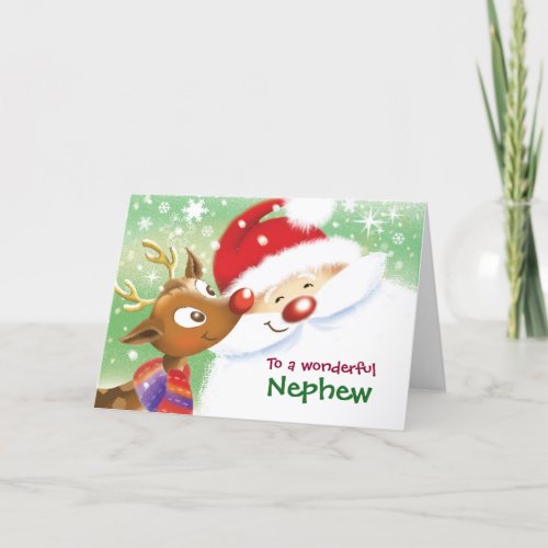 Nephew Christmas Cute Reindeer  Santa Card