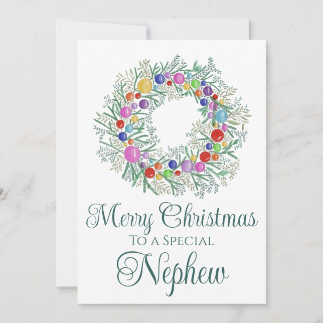 Nephew Colorful Christmas Wreath Holiday Card (Front)