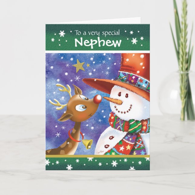 Nephew, Cute Reindeer and Snowman Holiday Card (Front)
