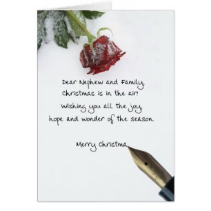 nephew & family christmas letter on snow rose cards