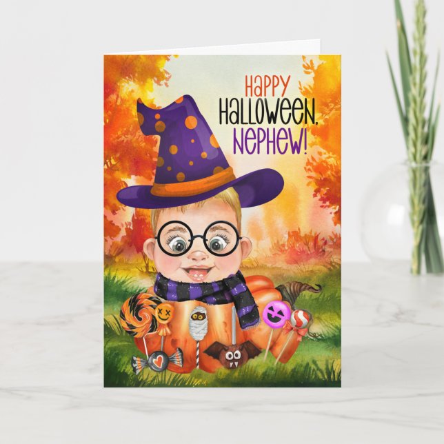 Nephew Little Wizard Boy Pumpkin for Halloween Holiday Card (Front)