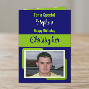 Nephew name photo blue green birthday card