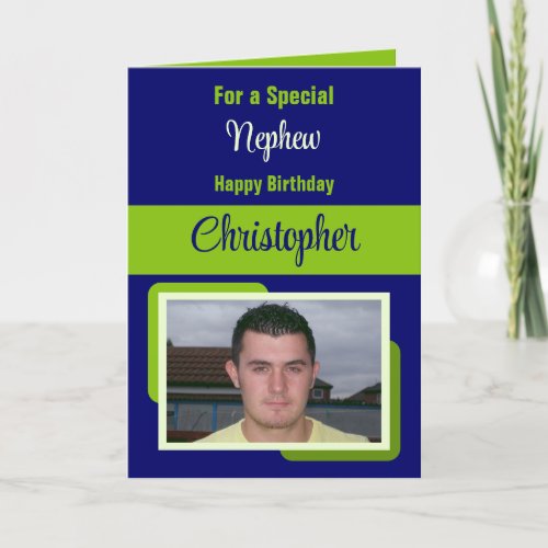 Nephew name photo blue green birthday card