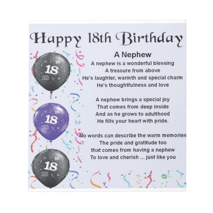 Nephew Poem - 18th Birthday Notepad | Zazzle