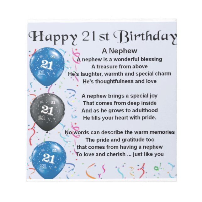 Nephew Poem  -  21st Birthday Notepad (Front)