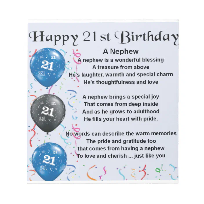 Birthday Poem For Nephew Nephew Poem - 21St Birthday Notepad | Zazzle.com
