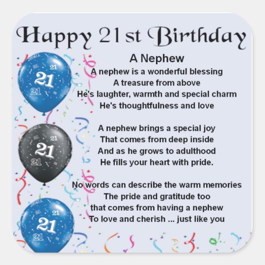 Nephew Poem - 21st Birthday Square Sticker | Zazzle.com