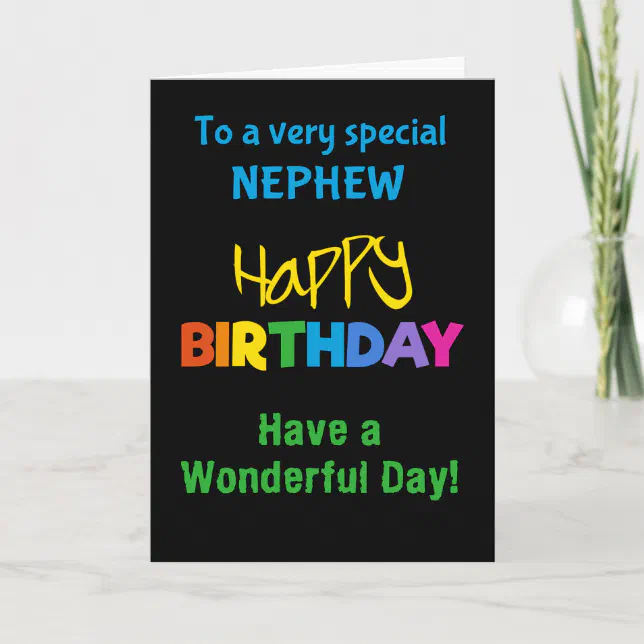 Nephew Rainbow Colours on Black Birthday Card | Zazzle