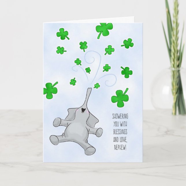 Nephew, St. Patrick's Day Elephant & Shamrocks Card (Front)
