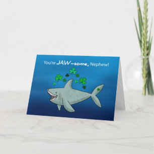 Nephew St Patricks Day Shark With Shamrocks Card