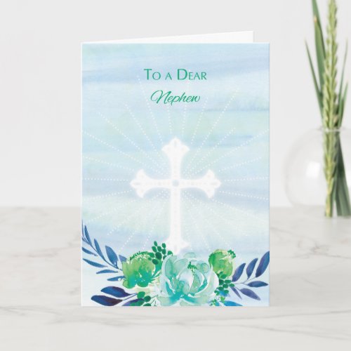 Nephew Teal Blue Flowers with Cross Easter Holiday Card