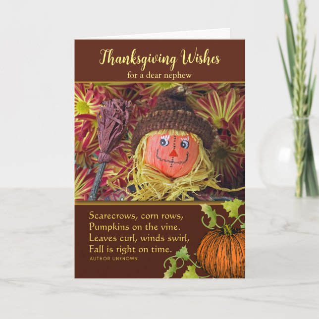 Nephew Thanksgiving Cute Harvest Scarecrow Holiday Card (Front)