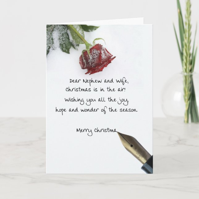 Nephew & Wife christmas letter on snow rose paper Holiday Card (Front)