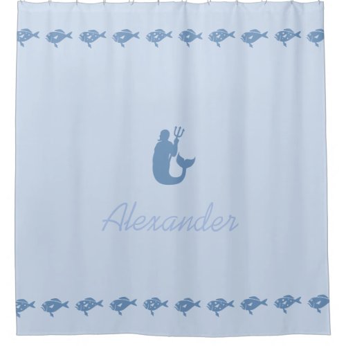 Neptune and Fish Blue Maritime Symbols with Name Shower Curtain