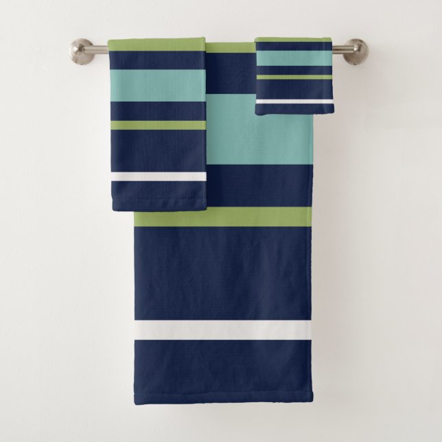 Neptune, Seashell, Green and Navy Stripes Bath Towel Set (Insitu)