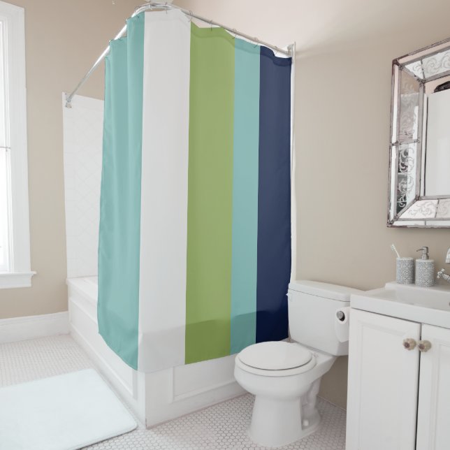 Neptune, Seashell, Green and Navy Stripes   Shower Curtain (In Situ)
