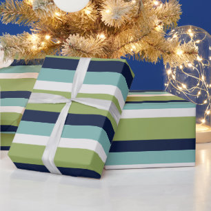 Neptune, Seashell, Green and Navy Stripes Wrapping Paper