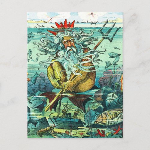 Neptune sitting among sunken wrecks postcard