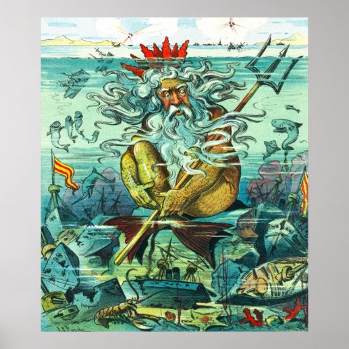 Neptune sitting among sunken wrecks poster