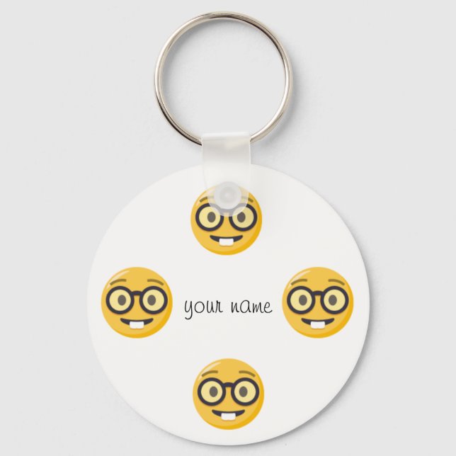 Nerd Emoji Face  and '' Your Name Here " Keychain (Front)