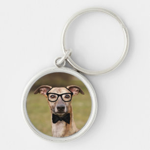 Nerd Whippet in Glasses and Bow Tie Keychain