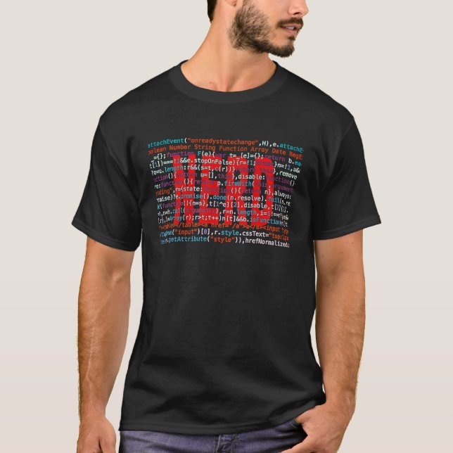 Nerd with Computer String Source Code for IT Freak T-Shirt (Front)