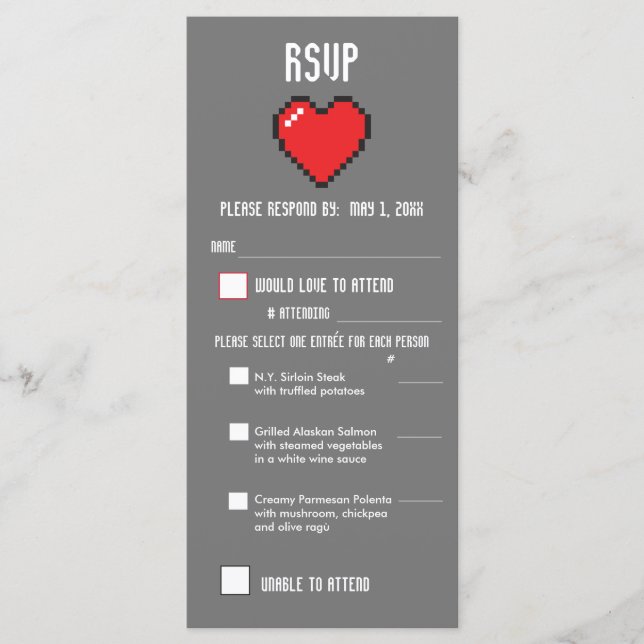Nerdy 8-Bit Bride & Groom RSVP Menu (Front)