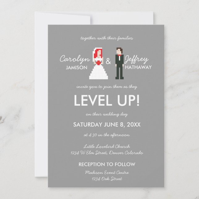 Nerdy 8-Bit Bride & Groom Wedding Invitation (Front)