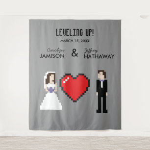 Nerdy 8-bit heart wedding or engagement backdrop