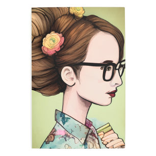 Nerdy Asian Girl Holding Books Metal Print