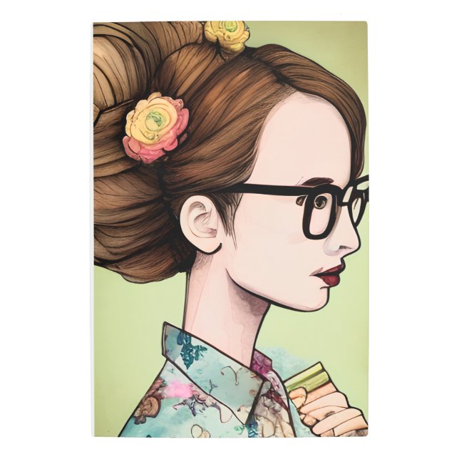 Nerdy Asian Girl Holding Books Metal Print (Front)