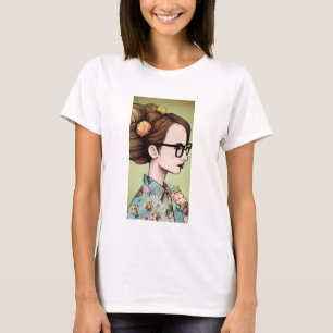 Nerdy Asian Girl Holding Books T-Shirt