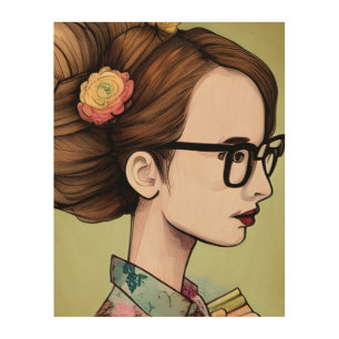 Nerdy Asian Girl Holding Books Wood Wall Art
