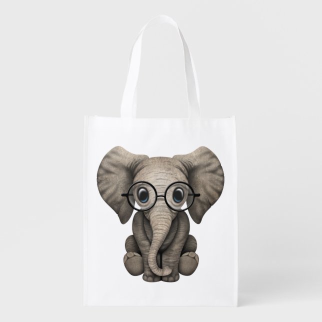 Nerdy Baby Elephant Wearing Glasses Grocery Bag (Front)