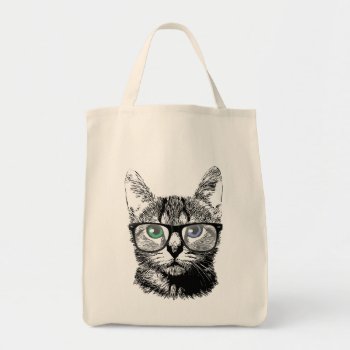 Nerdy Cat Hipster Kitten In Glasses Tote Bag by PencilPlus at Zazzle