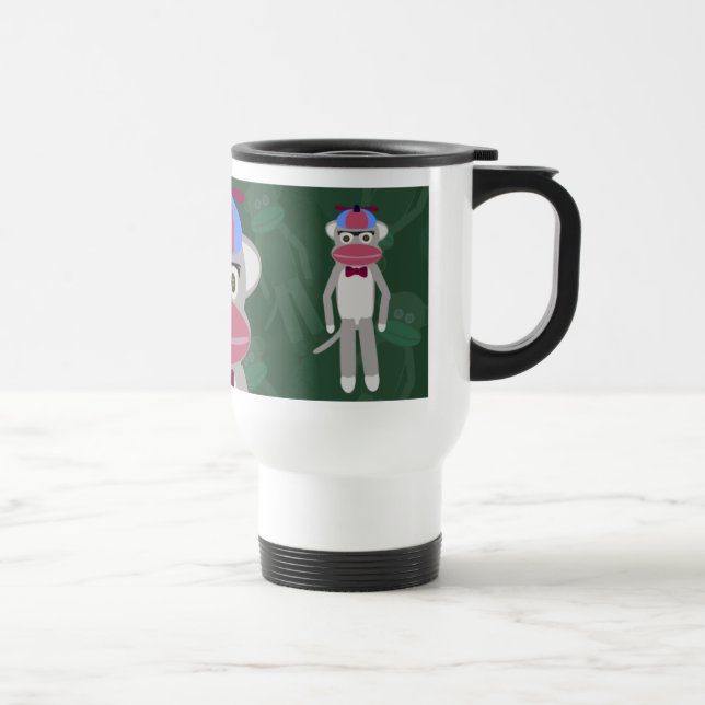 Nerdy Fifties Sock Monkey Cartoon Art Design Fun Travel Mug (Right)
