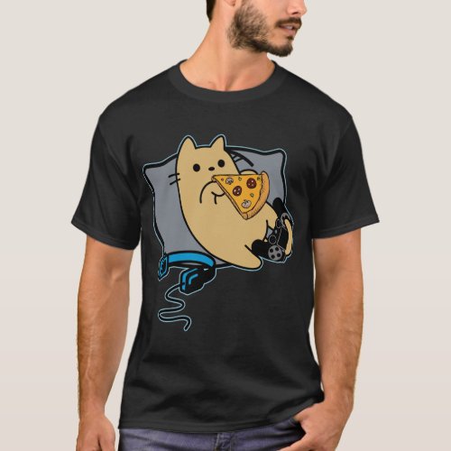 Nerdy Gamer Cat Eating Pizza Game Loading T_Shirt