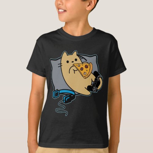 Nerdy Gamer Cat Eating Pizza Game Loading T_Shirt