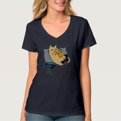 Nerdy Gamer Cat Eating Pizza Game Loading T_Shirt