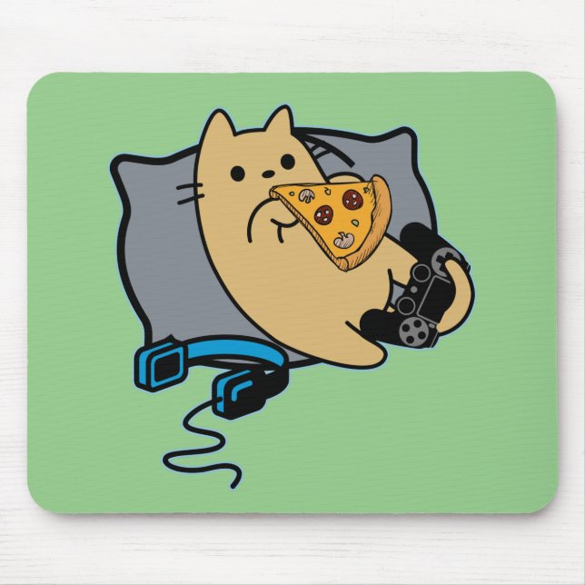 Nerdy Gamer Cat Eating Pizza Game Paused Mouse Pad (Front)