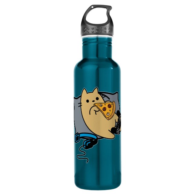 Nerdy Gamer Cat Pizza Loading Game Pause Stainless Steel Water Bottle (Front)