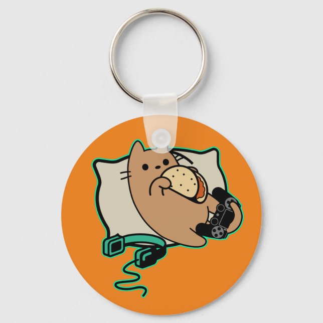Nerdy Gamer Cat Taco Loading Game Pause Keychain (Front)