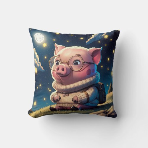 Nerdy Little Pig on a Full Moon Glow Throw Pillow