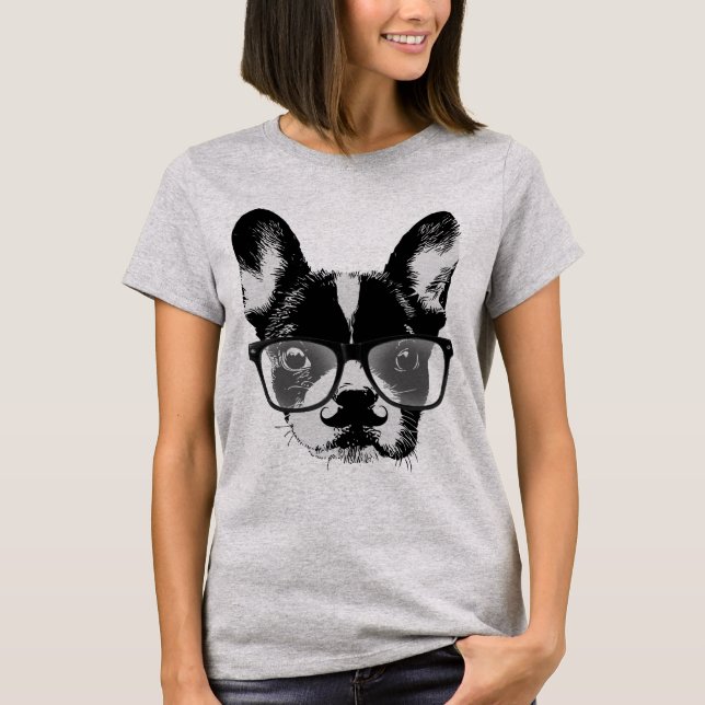 Nerdy Mustache French Bulldog Hipster Dog T-Shirt (Front)
