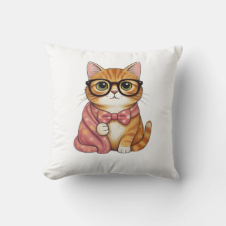 Nerdy Orange Cat Bow Tie Tee Throw Pillow