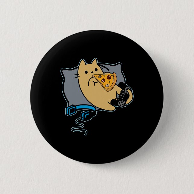 Nerdy Pizza Eating Gamer Cat Game Paused  Button (Front)
